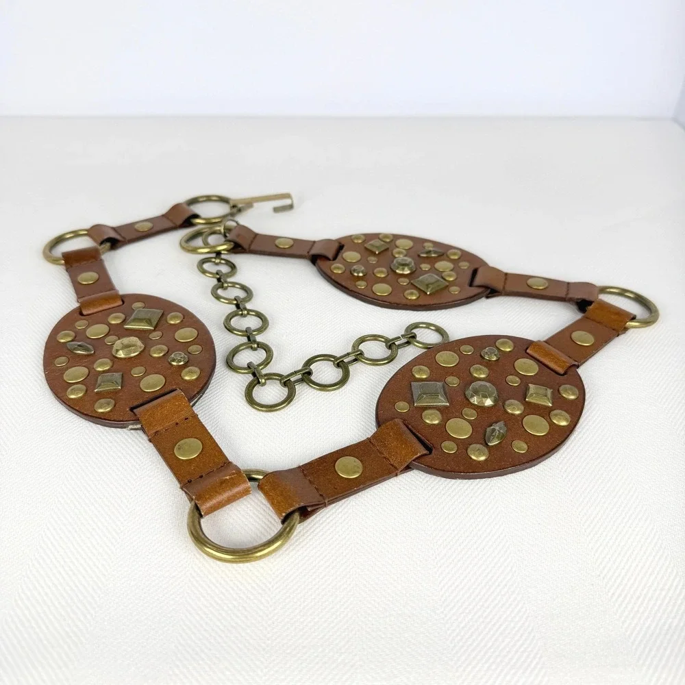 Boho Fossil Brown Leather Studded Chain Belt Vintage Brass Hardware O-Ring Large